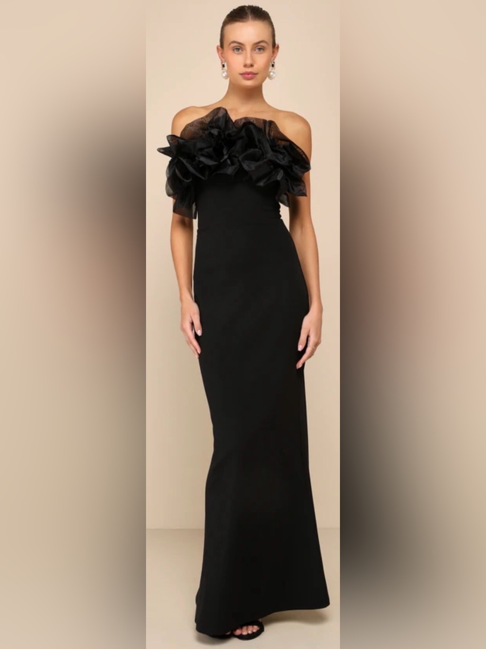 Lulus Evening Excellence Black Ruffled Strapless Mermaid Maxi Dress